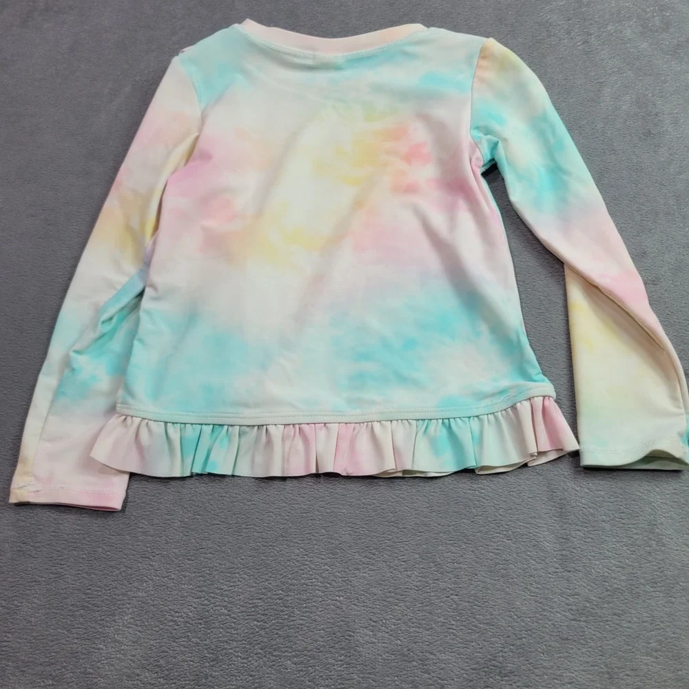 RuffleButts Girls Pastel Tie Dye Long Sleeve Ruffle Rash‎ Guard Swim Top Size 5